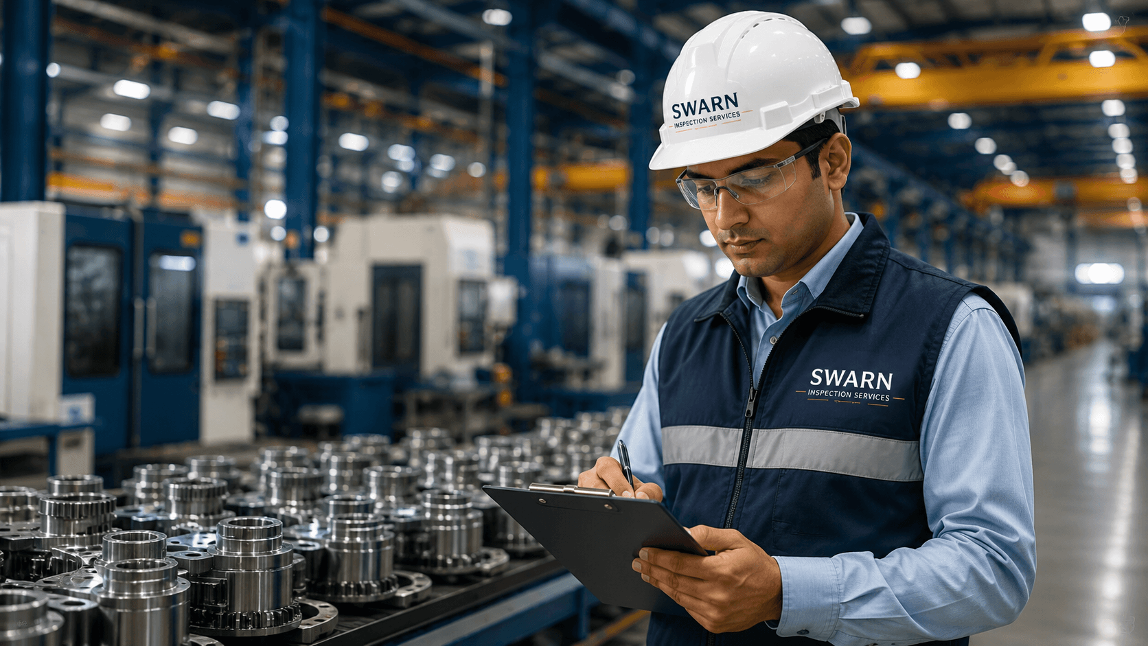 Inspector in protective equipment examining factory machinery